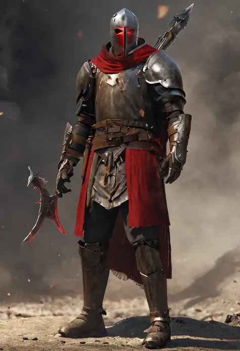 a medieval male Royal lord, scar on the left eye, one red eye, one black eye, gray iron sholder pads, red clothes with clothes under neath light yellow for the arms short dark brown hair and burned away on the left side and without armour instead of blocky...