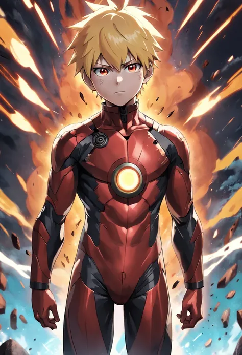 Realistic, 1boy, boy 17 years old, naruto wearing Ironman suit, Naruto Uzumaki, three black streaks on the cheek, blonde hair, standing