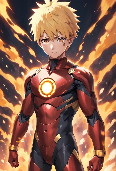 Realistic, 1boy, boy 17 years old, naruto wearing Ironman suit, Naruto Uzumaki, three black streaks on the cheek, blonde hair, standing