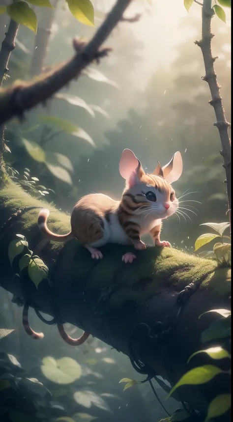 In the heart of a dense forest, A lively scene unfolds. A clever mouse darts in the bushes, Its tiny claws carry it quickly through the maze of nature. Behind it, A determined cat chases, Its eyes twinkle with anticipation of pursuit. The forest comes aliv...