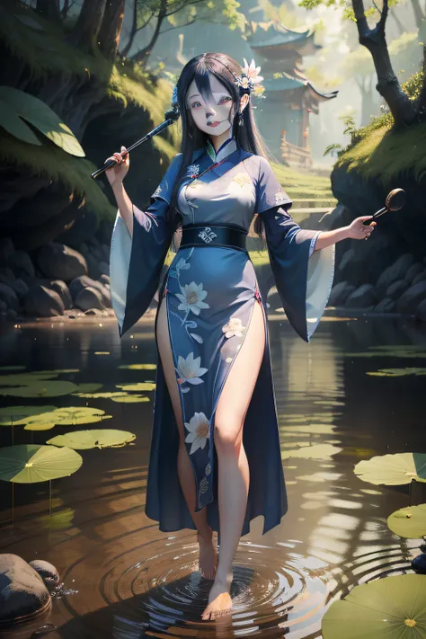 ((4k,masterpiece,best quality)), shuimobysim, traditional chinese ink painting, lotus, hanfu, maxiskit, dress conservatively 1girl, solo, long blue hair, smile, standing, feet in the water, barefoot,