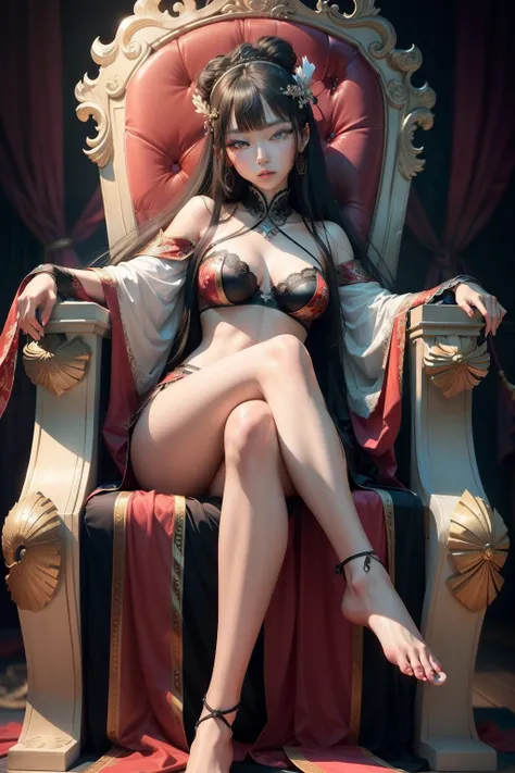 South Korean beauties，Raised sexy，Long legs，bare-legged，your jade feet，Bare lace all over，Sit on the throne，The expression is domineering and rampant，Sensual and alluring