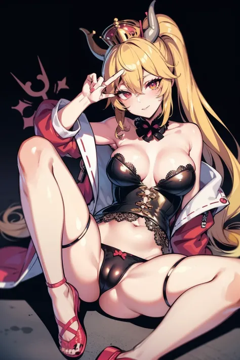 Eye Makeup,dashed eyes,paizuri,style of Junko Mizuno,Fleshlight,thigh straddling,double anal,Peace sign over eye,haori,arm behind head,style of Ryohei Hase,Futanari,short ponytail,ringed eyes,shorts pull,bangs,Nun,looking up,cum in panties,outstretched han...