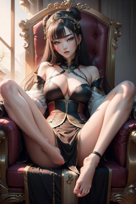 South Korean beauties，Raised sexy，Long legs，bare-legged，your jade feet，Oversized breasts，Bare lace all over，Sit on the throne，The expression is domineering and rampant，Sensual and alluring