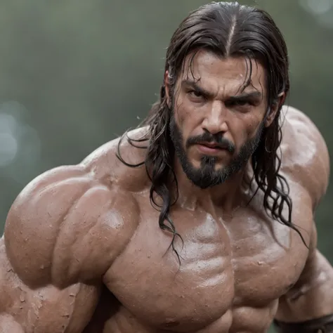 (Professional 3D rendering:1.3) de (Realistic:1.3) Foto de arte mais bonita do mundo，Features soft, bright male heroes, ((Epic hero fantasy rough muscular man wet hero angry look long hair short beard and fierce expression in dynamic pose, fantastic locati...