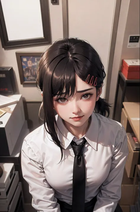 masterpiece, best quality, ultra-detailed, illustration, epic lighting, cinematic composition, isometric, 1girl, solo, cute, brown eyes, black hair, swept bangs, single sidelock, red hairclip, white collared shirt, black necktie, black pants, formal, encha...