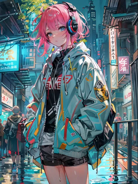 8K分辨率、((top-quality))、((​masterpiece))、((ultra-detailliert))、1 woman、独奏、incredibly absurdness、Oversized hoodies、headphones、Street、plein air、Sateen、neons、Shortcut Hair、Brightly colored eyes、Hands in pockets、shortpants、water dripping