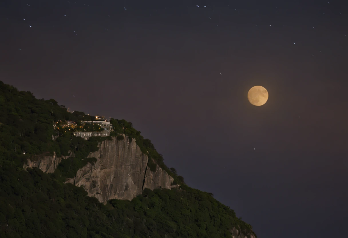 Circles of vultures flying on the edge of the cliff, luzes noturnas, Vista Chinesa, ao fundo Rio de Janeiro, Cristo Redentor, corcovado, noite escura, com muitas sombras, stars and full moon in the sky and many trees coming down the cliff