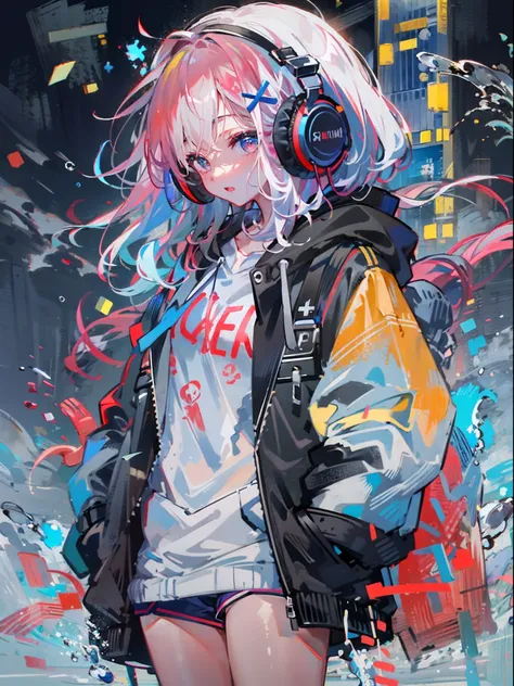 8K分辨率、((top-quality))、((masterpiece))、((ultra-detailliert))、1 woman、独奏、incredibly absurdness、Oversized hoodies、headphones、Street、plein air、Sateen、neons、Shortcut Hair、Brightly colored eyes、Hands in pockets、shortpants、water dripping