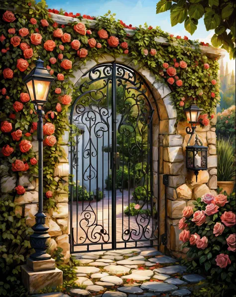 a painting of a gate with roses and a lamp post, portal made of roses, secret garden, inspired by Guido Borelli da Caluso, secret entrance, by Kerembeyit, kerem beyit, near a stone gate, enchanted garden, scenery art detailed, highly detailed digital paint...