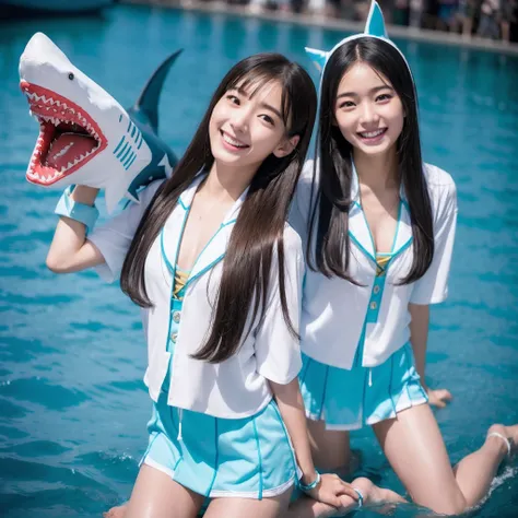 (8K、RAW Photos、top-quality、​masterpiece:1.5)、(realisitic、Photorealsitic:1.5)、ultra-detailliert、超A high resolution、lighting like a movie、(((Idols who love sharks)))、(((Japan 16 year old girls)))、(((Wearing a cute costume with a shark motif)))、(A lot of shar...