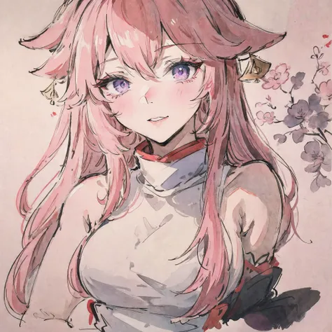 (Masterpiece, Best quality: 1.2), Traditional Chinese Ink Painting, Pink hair, Purple eyes, Yae Miko,High quality，8K wallpaper，beautiful