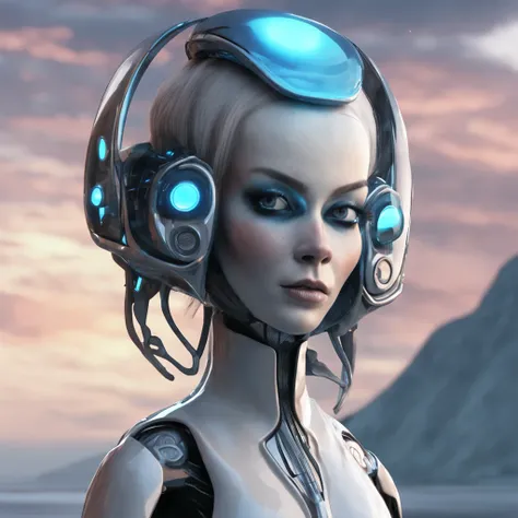 Female humanoid alien with big eyes and white-blue hair, in the style of retro-futuristic midi century space age sci-fi character, photorealistic rendering, clamp, shiny/glossy, dark gray and light black, realistic scenes, cartoon mis-en-scene, staying at ...