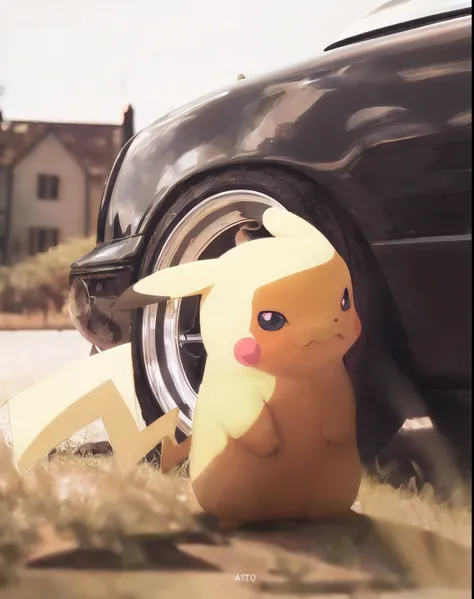 Theres a Pokémon figure sitting next to a car in the grass, illustration pokemon, arte fofa, pikachu vida real, Ghibli. octan render, bonito 3 d render, hyper real render, painting digital adorable, Pokémon in the wild, hyper realistic 3d rendering, fanart...