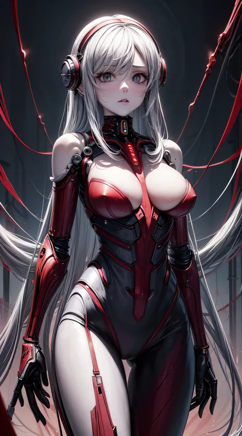 (((Masterpiece))), ((Best Quality)), (Super Detail), (CG Illustration), (Very Evil and Beautiful)), Cinematic Light, ((1 Mechanical Girl)), Single, (Mechanical Art: 1.4), ((Mechanical limb)), (Blood vessel attached to a tube), ((Mechanical spine attached t...