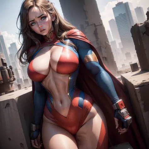 Ana de Armas, muscular busty superwoman, strong biceps and abs, huge breasts, red superwoman costume with blue details, ruined city background, Ana de Armas face, Calm and concentrated expression