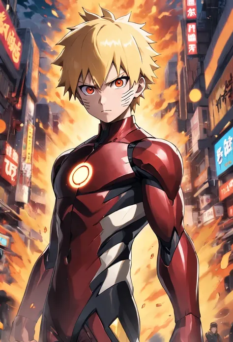 Realistic, 1boy, 25 years old, naruto wearing Ironman suit, Naruto Uzumaki, three black streaks on the cheek, blonde hair, standing