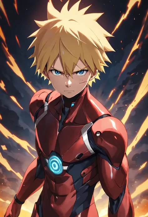 Realistic, 1boy, 25 years old, naruto wearing Ironman suit, Naruto Uzumaki, three black streaks on the cheek, blonde hair, standing