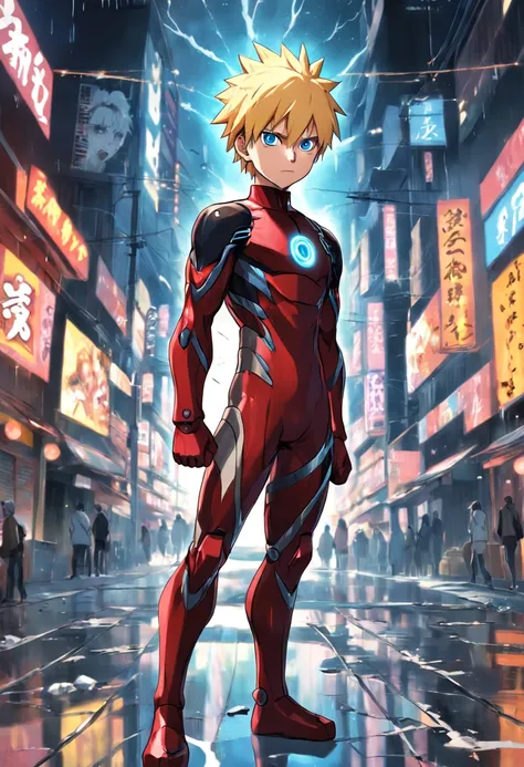 Realistic, 1boy, 25 years old, naruto wearing Ironman suit, Naruto Uzumaki, three black streaks on the cheek, blonde hair, standing