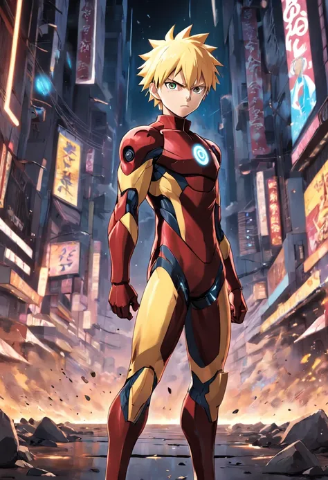 Realistic, 1boy, 25 years old, naruto wearing Ironman suit, Naruto Uzumaki, three black streaks on the cheek, blonde hair, standing