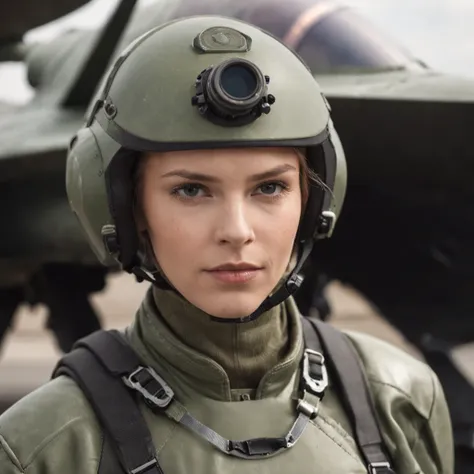 military commando pilot, in futuristic camouflage uniform, next to futuristic aircraft in secret hangar, golden hour