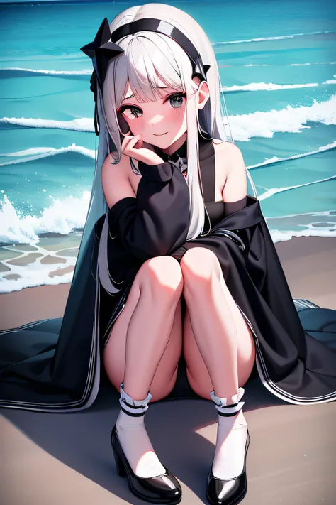 4K，teens girl，delicated face，cabelos preto e longos，Black eyes，Blush，shift dresses，A star-shaped headdress is worn on his head，Wear white knee-length socks，Small black leather shoes，full bodyesbian，ssmile，Have by the sea，The edges are illuminated