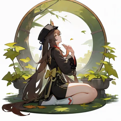 yellow Chinese ginkgo biloba leaves pattern white background, Hu tao from genshin impact, casual outfit, hands on the back, facing sideway, sitting, circle in the middle, long hair