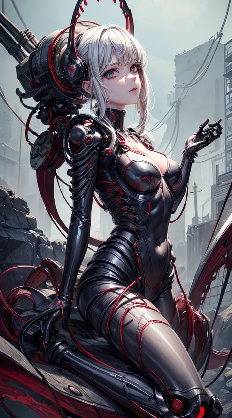 (((Masterpiece))), ((Best Quality)), (Super Detail), (CG Illustration), (Very Evil and Beautiful)), Cinematic Light, ((1 Mechanical Girl)), Single, (Mechanical Art: 1.4), ((Mechanical limb)), (Blood vessel attached to a tube), ((Mechanical spine attached t...