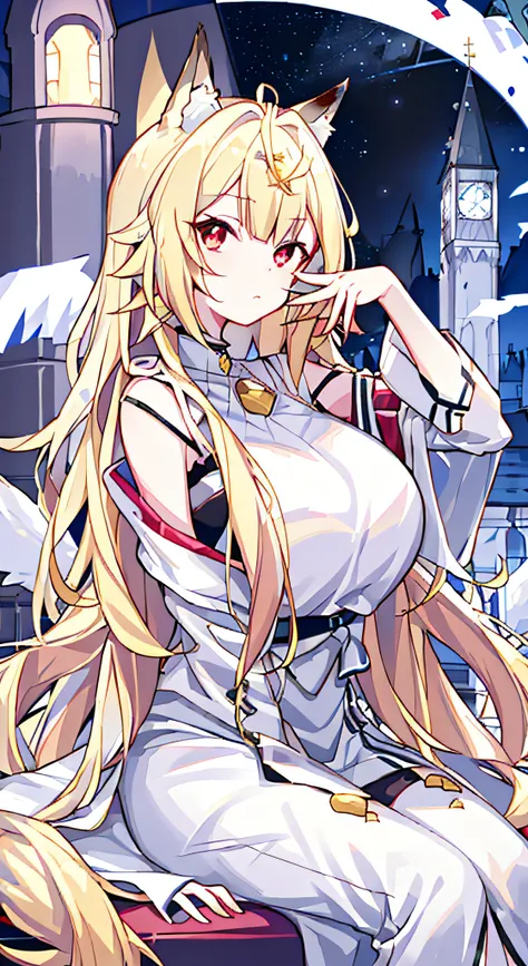 （（tmasterpiece，best qualtiy，4K，gelbooru，Pisif，best qualtiy，Hyper-detailing）），warmly lit，1 woman，Young adults，Beautiful young woman，（（Princess braids，Hairy bangs，long whitr hair，coiffed blonde hair）），（（fox ear）），（（red color eyes，sharp sharp eyes）），Huge，star...