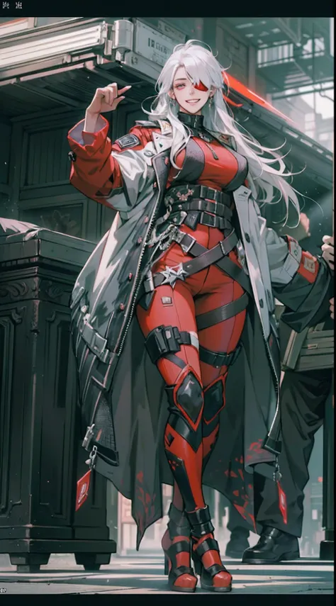 (1 beautiful woman)、(abnormally large breasts)、(Military uniform with red cyberpunk hood all over the body:0.6)、(Red aura emanating from clothes:1.5)、(Military equipment:1.2)、(White hair)、(an eye patch:1.3)、(30-years old)、(confident grin:1.2)、(Dark hair)、(...