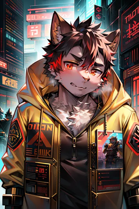 Master masterpieces，A high resolution，8K，high qulity，Break，Break，（Medium build，Black fur，Red pupils，Bright yellow coat，）） hairy pubic， Broken， mascular， male people， human - shaped，Bright yellow sweatshirt，hooding，(Cyberpunk Style，城市，mechanized)，独奏，