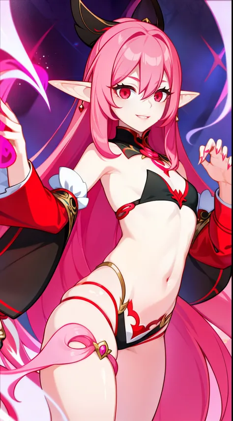 young girl, long pink hair, elf ears, red eyes, pink lipstick, crazy smile, small breasts, open shoulders, open belly, black mantle, long sleeves, claws, Shorts, Masterpiece, hiquality