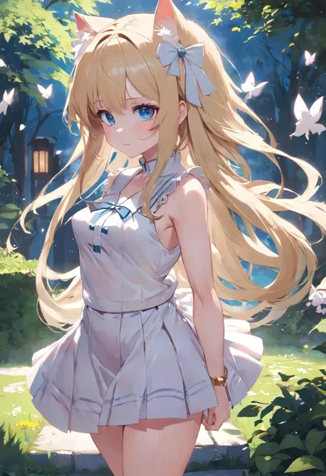 Cat-eared girl in white dress standing in garden, BREAK，Blonde long hair，blue eyes，(((Sleeveless)))，Pull up your skirt to show your panties，loli in dress, small curvy loli, artwork in the style of guweiz, guweiz on pixiv artstation, guweiz on artstation pi...