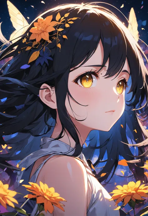 Black hair, golden pupils, flowers