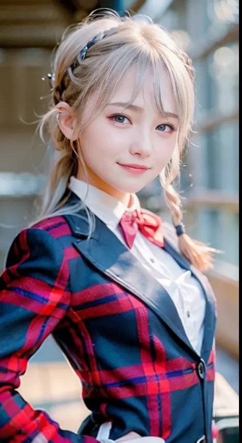 (ultra-detailliert), Tartan check jacket,high-school uniform、Blue eyes,The upper part of the body、a closeup、faces、(A smile:1.5),(facing front:1.2), 20yr old, teens girl,no tail,(no tail),2D, ​masterpiece, top-quality, animesque, A detailed eye, A detailed ...