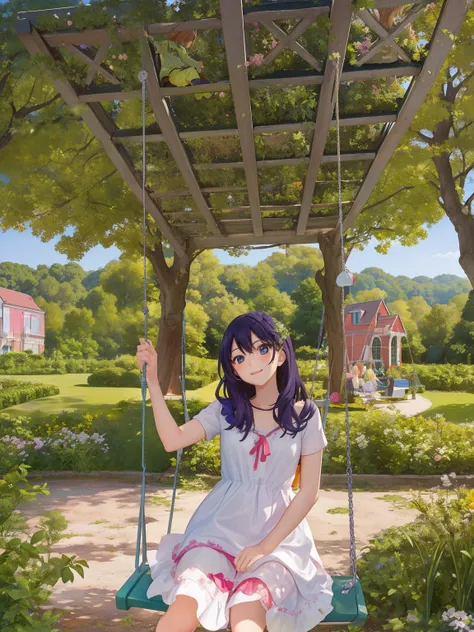 a cute girl sitting on a swing in a garden with a tree, with ivy, at a park, with a park in the background, on a sunny day, with a park in the back ground