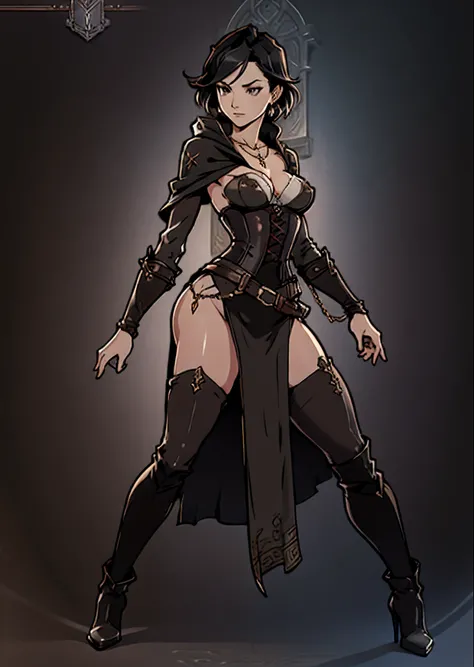 Game Art design, Octopath Traveler 2, 1girl, throne anguis, (solo:1.4), 1girl, black hair, medium breasts, cleavage, collarbone, corset, dagger, high heel boots, holding dagger, jewelry, knee boots, necklace, poncho short hair, side slit, dynamic pose, ext...