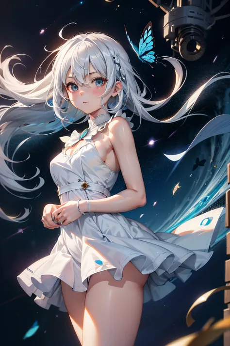 Anime, Anime style, nffsw, retinas, masutepiece, ccurate, Anatomically correct, Textured skin, Super Detail, high details, High quality, awardwinning, Best Quality, hight resolution,Anime girl with long white hair and blue butterfly in her hair, White Dres...