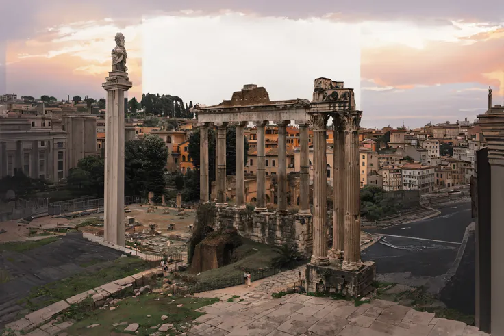 Ararfed view of a Roman ruin with a clock tower, Estilo Romano antigo, Roma, Roma Antiga, arquitetura Romana, in a city with a rich history, ( ( Ruins of Ancient Rome ) ), Estilo Romano antigo, city ruins in the background, Ancient ruins in the background,...