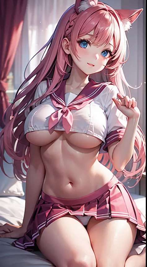 Sweet rain、Beautiful illustration、top-quality、Cute little girl s、Bedroom、A pink-haired、long whitr hair、(((Pink pleated skirt)))、(((Pink sailor suit)))、short- sleeved、huge tit、a navel、Turn up the skirt with your hands、showing white panties、Pull up the skirt...