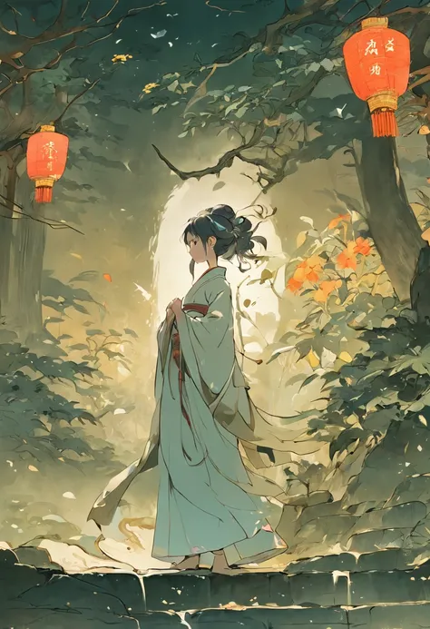 china goddess,CLASSICSTYLE , Ultra-fine plant stone, The draughtsman line, Digital illustration, Thick ink, Minimalist botany, Beautiful and beautiful illustrated masterpiece, Huang Yongyu AI post-editing