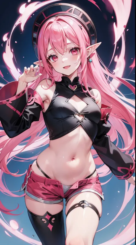 young girl, long pink hair, elf ears, red eyes, pink lipstick, crazy smile, small breasts, open shoulders, open belly, black mantle, long sleeves, claws, Shorts, Masterpiece, hiquality