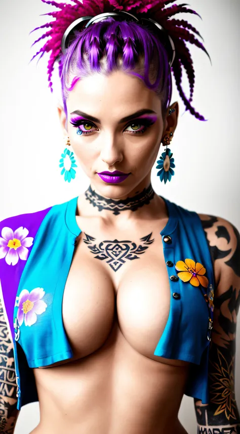 photography of a beautiful monster woman with flowers in her hair. (from above:1.2).(close up) . deep cleavage ,wearearing a crop top ,wearing artistic earings, punk woman with a lot of runic tattoos. blury background. slim, (small breasts), (t-shirt, open...