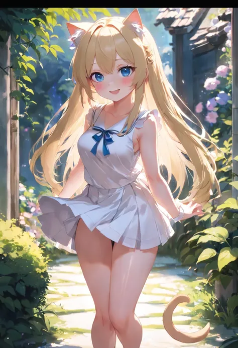 Cat-eared girl in white dress standing in garden, BREAK，Blonde long hair，blue eyes，(((Sleeveless))), smiling mischievously, cleavage of the breast，((Pull up your skirt to show your panties))，loli in dress, small curvy loli, (Chibi:1.3), artwork in the styl...