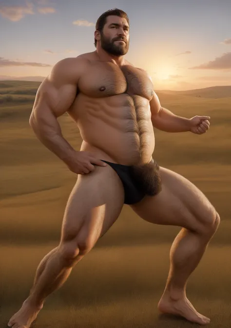 Rough and handsome primitive giants stand in fields looking up at the sky，The appearance of a 40-year-old man，A male giant，Wear dark brown fur shorts，Muscular, Fit and fit，large pecs，Chest hair, Leg hair，Thick pubic hair，little beard, Shirtless, malefocus，...