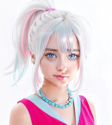 girl, silver hair, pink hair tie, pink dress, blue necklace, blue eyes, realistic, ultra detailed