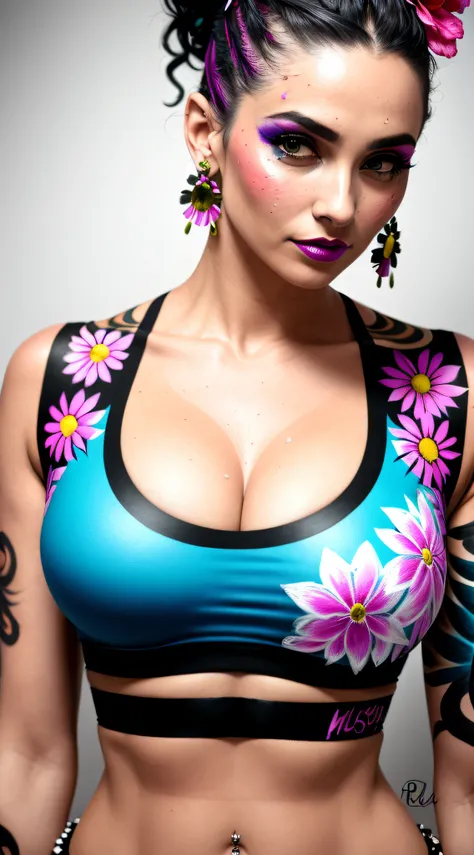 photography of a beautiful monster woman with flowers in her hair.(close up) . deep sweaty cleavage ,wearearing a modern crop top ,sweaty, wearing artistic earings, punk woman with body painted . blury background. slim, (small breasts), ( open vest, midrif...