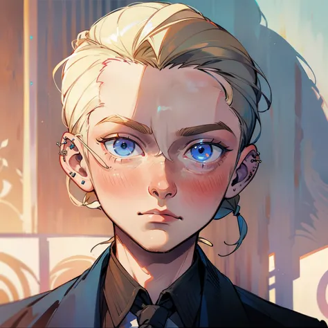 "Young man (dirty blond hair, long hair, slicked-back and braided hairstyle, piercing blue eyes, gentle expression) affectionately gazing at his own shadow."