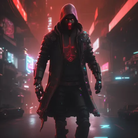 um close up de uma pessoa com capuz andando por uma rua, estilo cyberpunk horror, tem estilo cyberpunk, estilo de cyberpunk, Cyberpunk Streetwear, cyberpunk hero, assassino cyberpunk, Techwear Cyberpunk, usando streetwear cyberpunk, estilo de arte cyberpun...