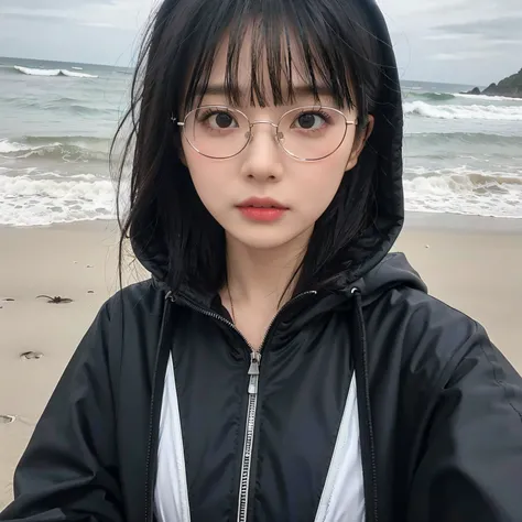 loli, rain, beach, black hair, cute face, masterpiece, high res, wet, ultrasharp, 8K, full hood jacket, swimsuit, eyeglass